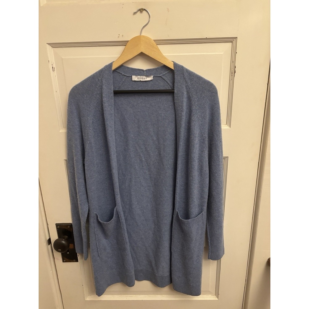 Kokun Women's Blue Cashmere Long Open Cardigan Pockets Size Small $385